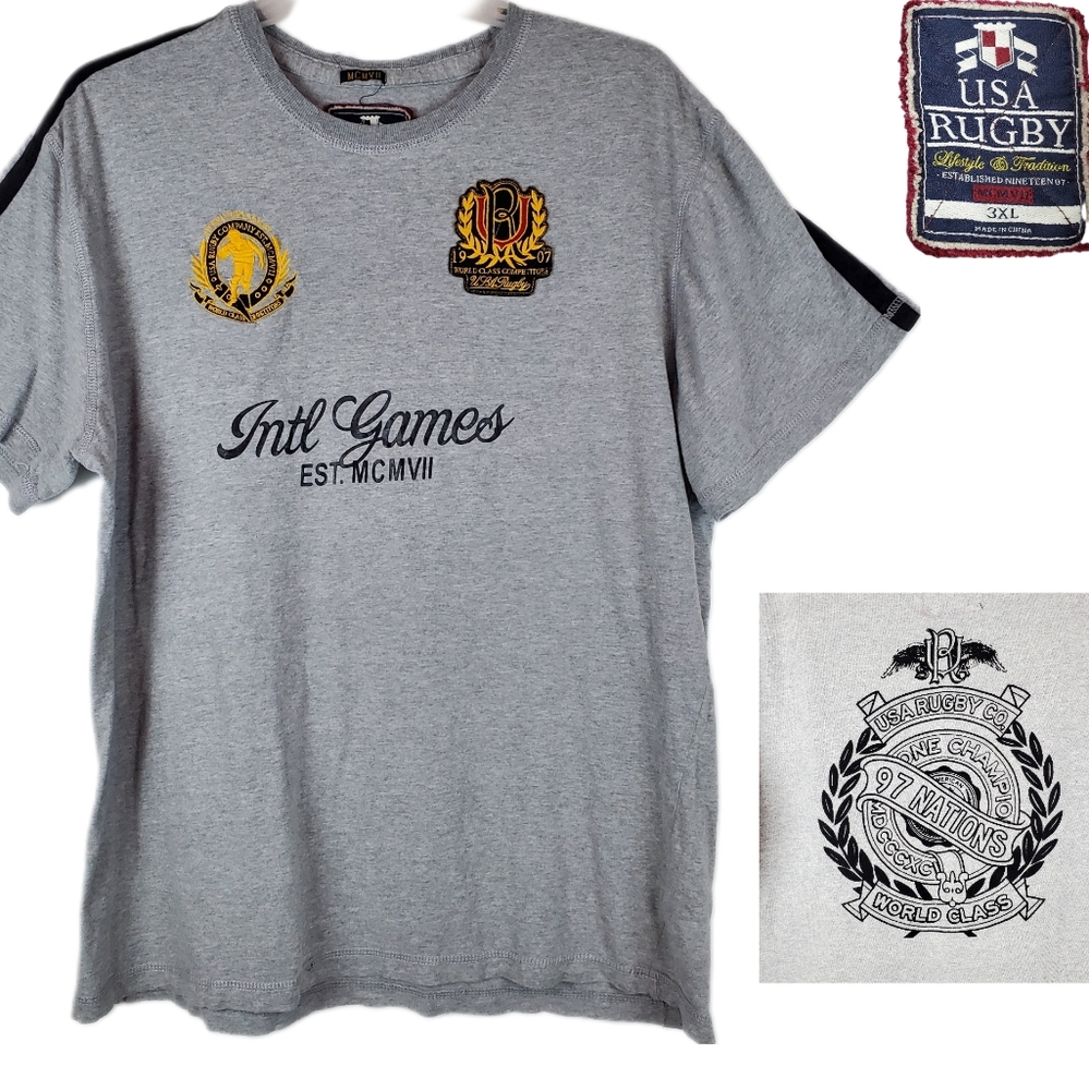 US RUGBY Co Slim Fit Gray T Shirt Top 3XL Mens Patch Embroidered 1907